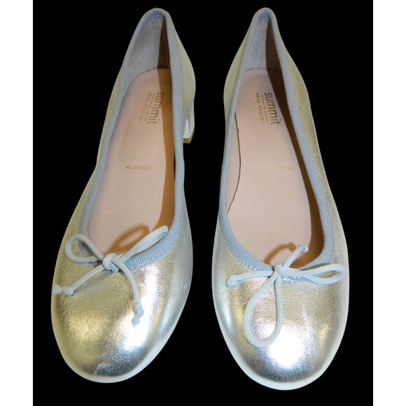 Size 7 Silver Metallic Leather Low Block Heel Bow Detail Summit White Mountain - Picture 2 of 11